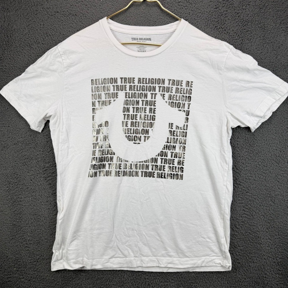 True Religion Mens 2XL White Graphic Horseshoe Logo Short Sleeve T-Shirt 108044